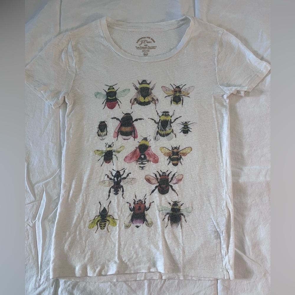 J. Crew The Xerces Society Colorful Flies Bees 100% Linen T-shirt XS EUC Classic